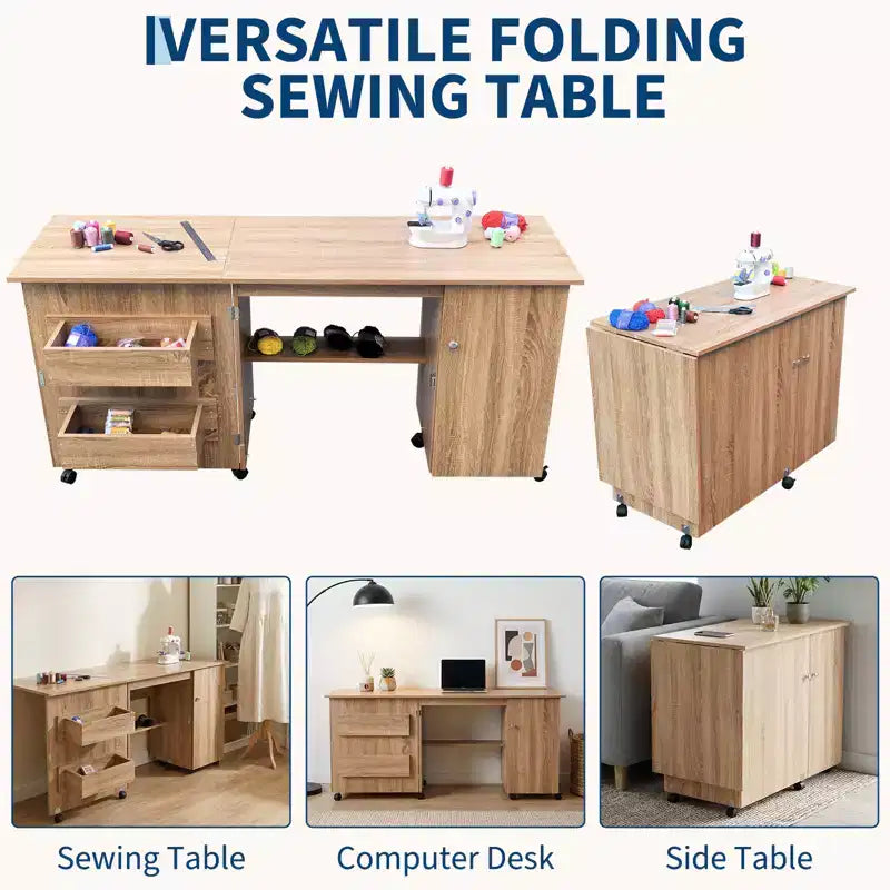 Table de couture pliante avec rangement, grande table pour machine à coudre avec étagères et roulettes verrouillables, bureau d'artisanat multifonctionnel pour la maison et l'atelier