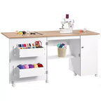 Table de couture pliante avec rangement, grande table pour machine à coudre avec étagères et roulettes verrouillables, bureau d'artisanat multifonctionnel pour la maison et l'atelier