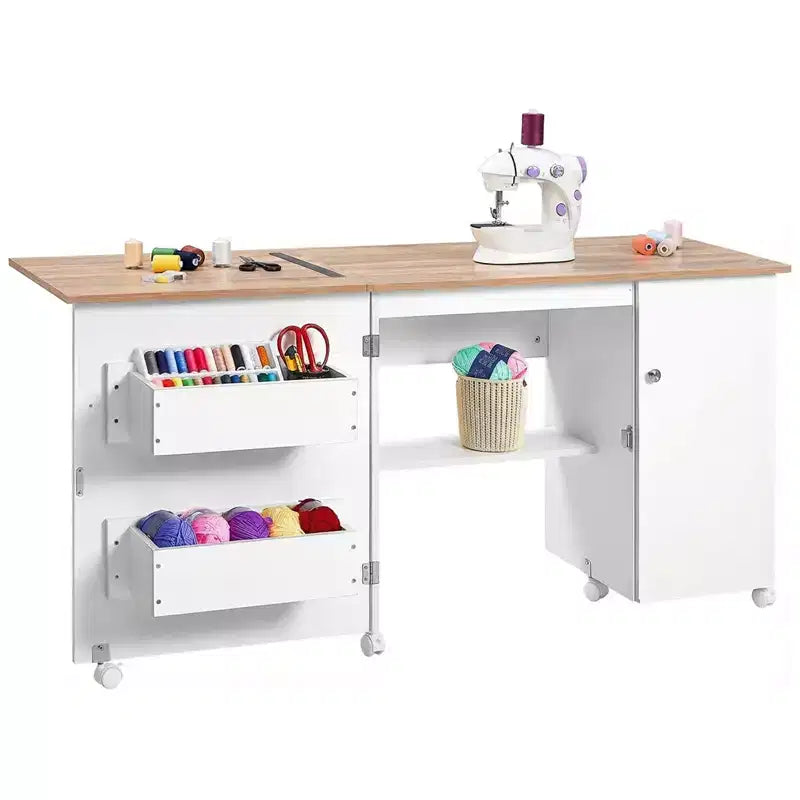 Table de couture pliante avec rangement, grande table pour machine à coudre avec étagères et roulettes verrouillables, bureau d'artisanat multifonctionnel pour la maison et l'atelier