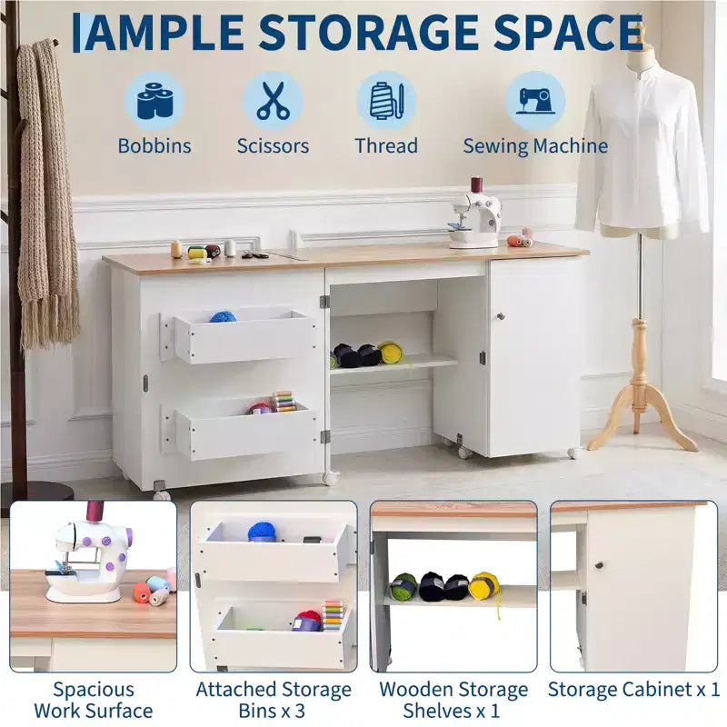 Table de couture pliante avec rangement, grande table pour machine à coudre avec étagères et roulettes verrouillables, bureau d'artisanat multifonctionnel pour la maison et l'atelier