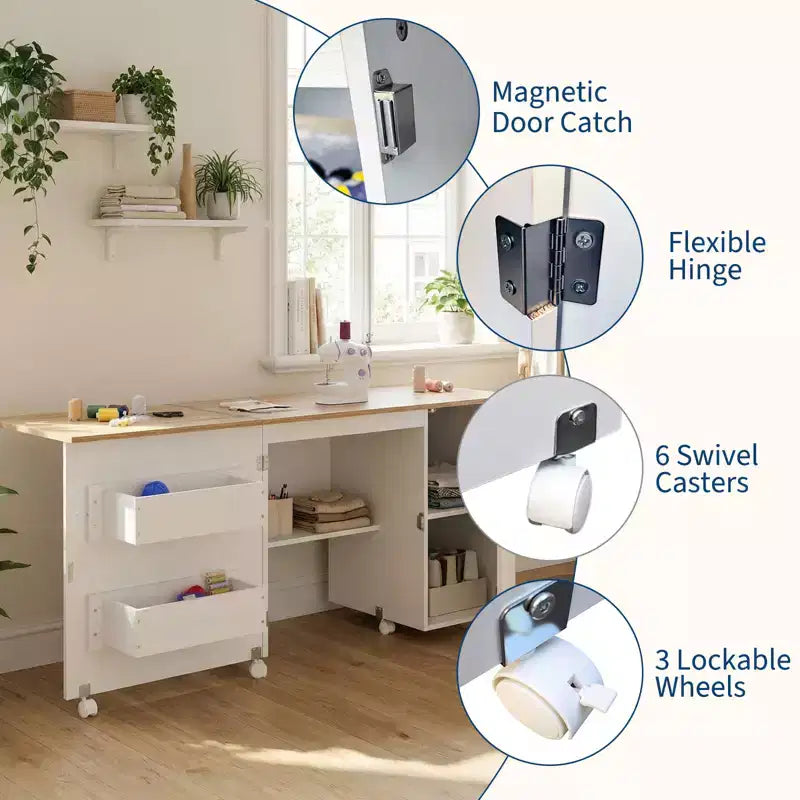 Table de couture pliante avec rangement, grande table pour machine à coudre avec étagères et roulettes verrouillables, bureau d'artisanat multifonctionnel pour la maison et l'atelier