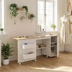 Folding Sewing Table with Storage, Large Sewing Machine Table with Shelves & Lockable Wheels, Multi-Functional Craft Desk for Home, Workroom