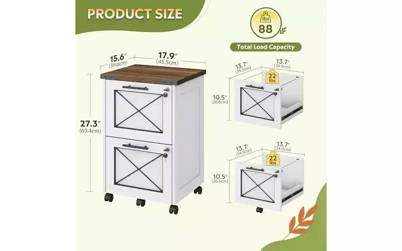 DEXYLLO Meuble Classeur à 2 Tiroirs avec Dossiers Suspendus, Meuble de Rangement Mobile à Roulettes pour Bureau à Domicile, Classeur Sous Bureau avec Serrure