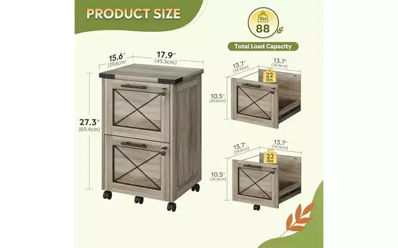 DEXYLLO Meuble Classeur à 2 Tiroirs avec Dossiers Suspendus, Meuble de Rangement Mobile à Roulettes pour Bureau à Domicile, Classeur Sous Bureau avec Serrure