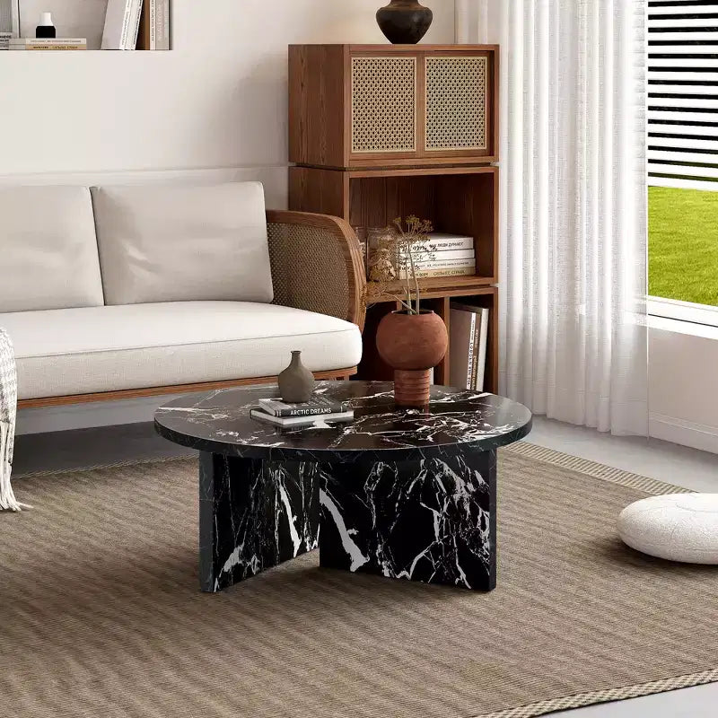 31.5 Black Round MDF Coffee Table, Modern Minimalist Nordic Scratch-Resistant Table for Living Room Office Bedroom