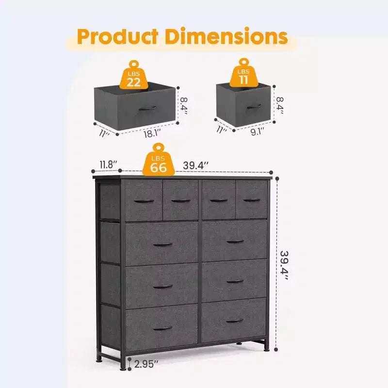 JIONJOY Commode de rangement à 10 tiroirs - Organiseur facile à assembler pour chambre à coucher, avec dispositif anti-basculement et pieds réglables, gris