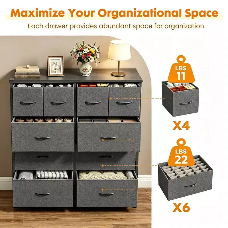 JIONJOY Commode de rangement à 10 tiroirs - Organiseur facile à assembler pour chambre à coucher, avec dispositif anti-basculement et pieds réglables, gris