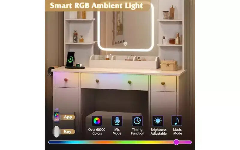 DEXYLLO Coiffeuse avec lumières, coiffeuse LED avec miroir éclairé, station de recharge, ensemble de coiffeuse RVB avec 3 tiroirs