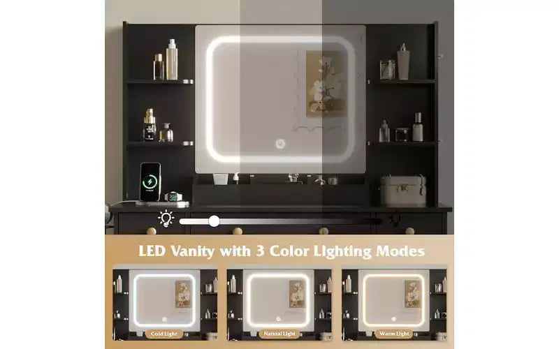 DEXYLLO Coiffeuse avec lumières, coiffeuse LED avec miroir éclairé, station de recharge, ensemble de coiffeuse RVB avec 3 tiroirs