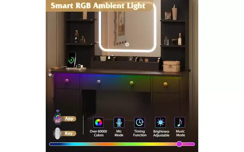 DEXYLLO Coiffeuse avec lumières, coiffeuse LED avec miroir éclairé, station de recharge, ensemble de coiffeuse RVB avec 3 tiroirs