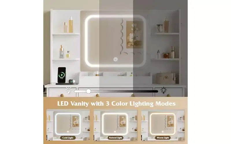 DEXYLLO Coiffeuse avec lumières, coiffeuse LED avec miroir éclairé, station de recharge, ensemble de coiffeuse RVB avec 3 tiroirs