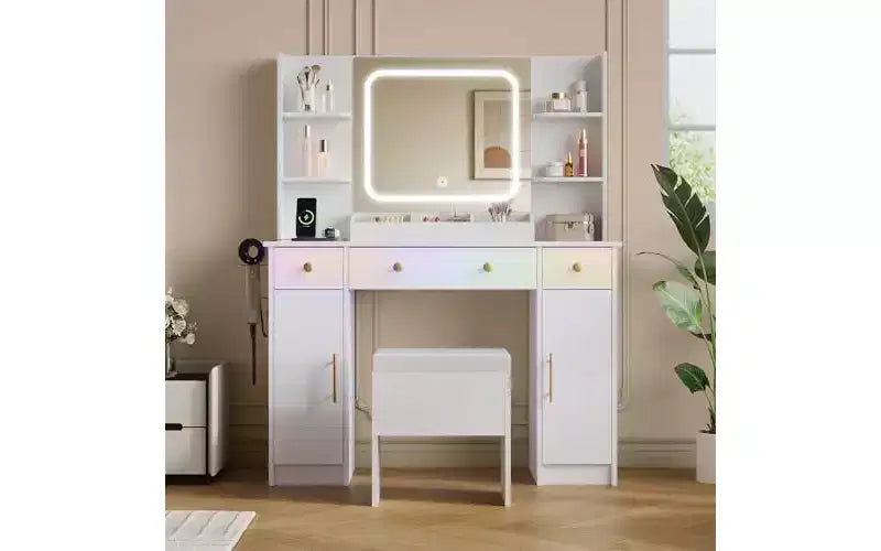 DEXYLLO Makeup Vanity Desk with Lights, LED Vanity with Lighted Mirror, Charging Station, RGB Vanity Table Set with 3 Drawers