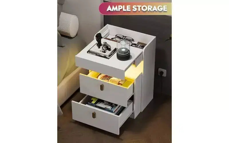 DEXYLLO Lot de 2 tables de chevet LED avec station de charge, ensembles de tables de nuit avec plateau coulissant, tables de chevet avec tiroirs