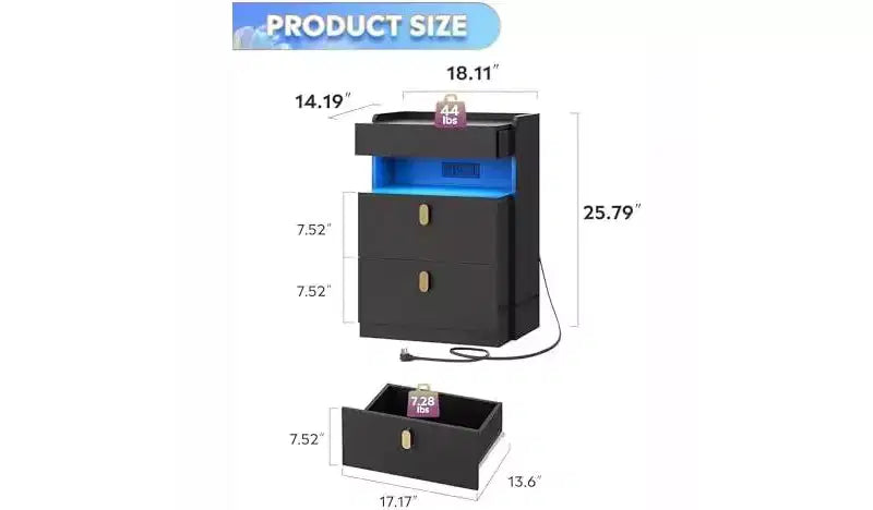 DEXYLLO Lot de 2 tables de chevet LED avec station de charge, ensembles de tables de nuit avec plateau coulissant, tables de chevet avec tiroirs
