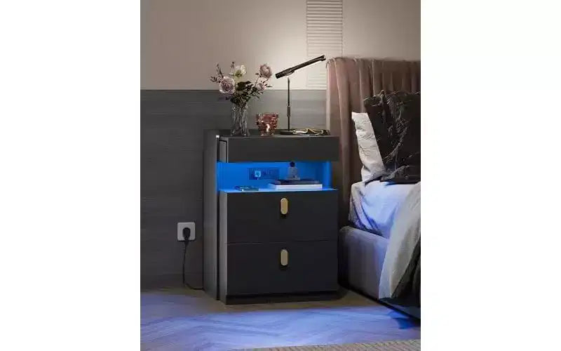 DEXYLLO Lot de 2 tables de chevet LED avec station de charge, ensembles de tables de nuit avec plateau coulissant, tables de chevet avec tiroirs