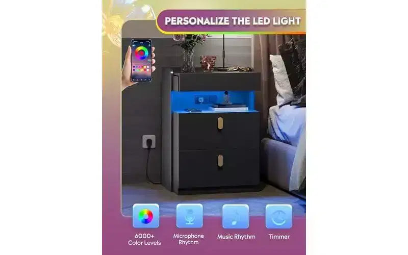 DEXYLLO Lot de 2 tables de chevet LED avec station de charge, ensembles de tables de nuit avec plateau coulissant, tables de chevet avec tiroirs