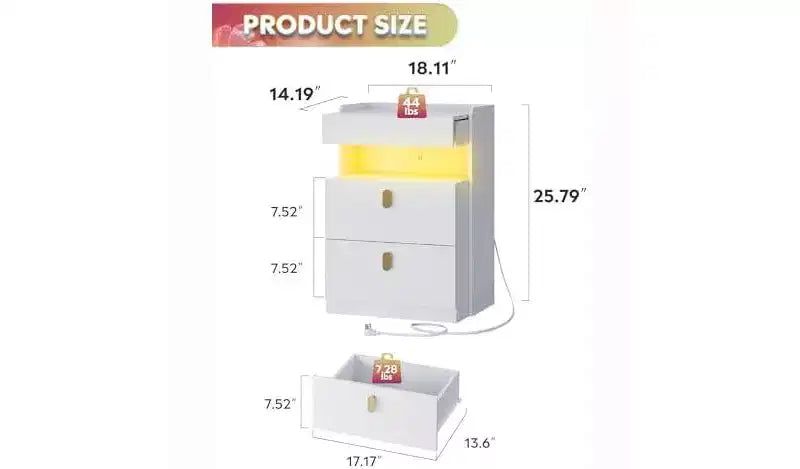 DEXYLLO Lot de 2 tables de chevet LED avec station de charge, ensembles de tables de nuit avec plateau coulissant, tables de chevet avec tiroirs