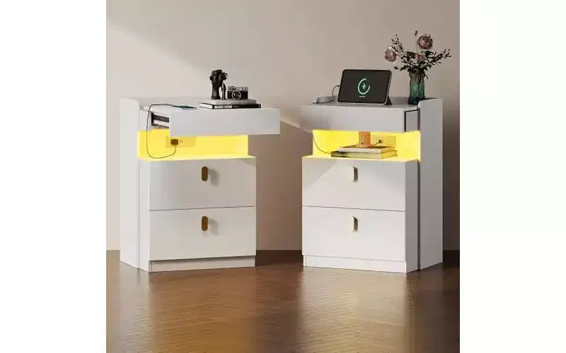 DEXYLLO Lot de 2 tables de chevet LED avec station de charge, ensembles de tables de nuit avec plateau coulissant, tables de chevet avec tiroirs