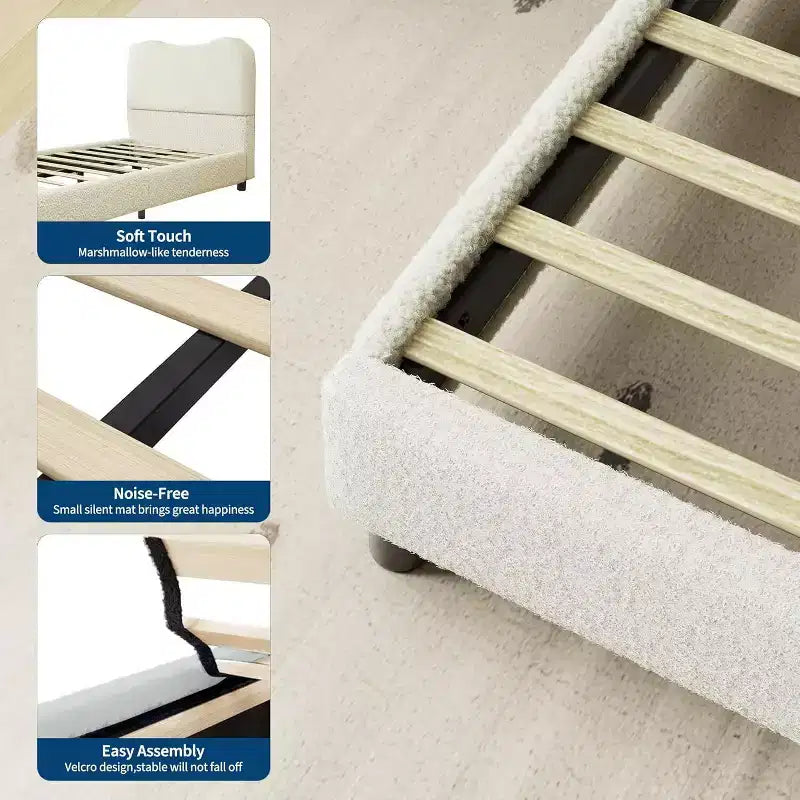 Cadre de lit en bouclé rembourré GustoWave avec tête de lit, aucun sommier tapissier requis