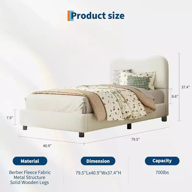 Cadre de lit en bouclé rembourré GustoWave avec tête de lit, aucun sommier tapissier requis