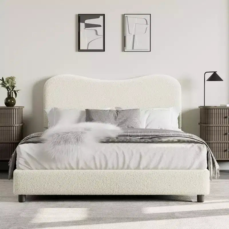 Cadre de lit en bouclé rembourré GustoWave avec tête de lit, aucun sommier tapissier requis
