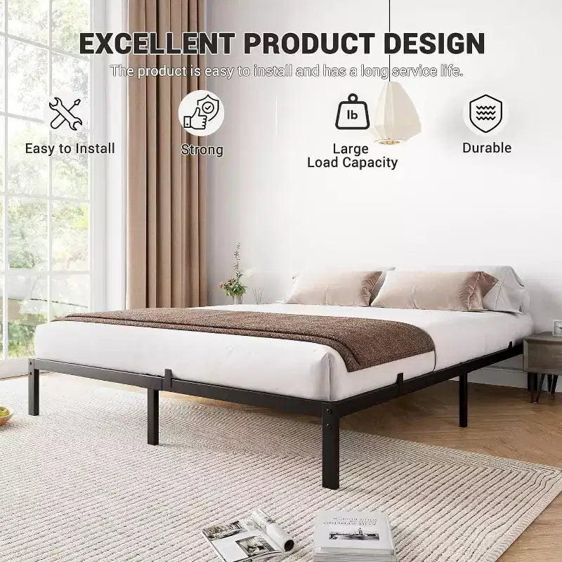 Cadre de lit plateforme en métal robuste Acekool, lattes en acier, pas besoin de sommier tapissier, sans bruit, profil bas, assemblage facile, supporte 360 kg, noir