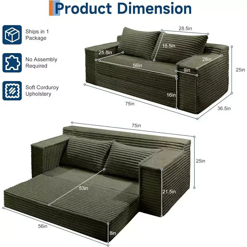 Canapé convertible SunnyFurn 75 avec 2 oreillers - Canapé-lit pliant 2-en-1, sans assemblage, pour salon et chambre à coucher