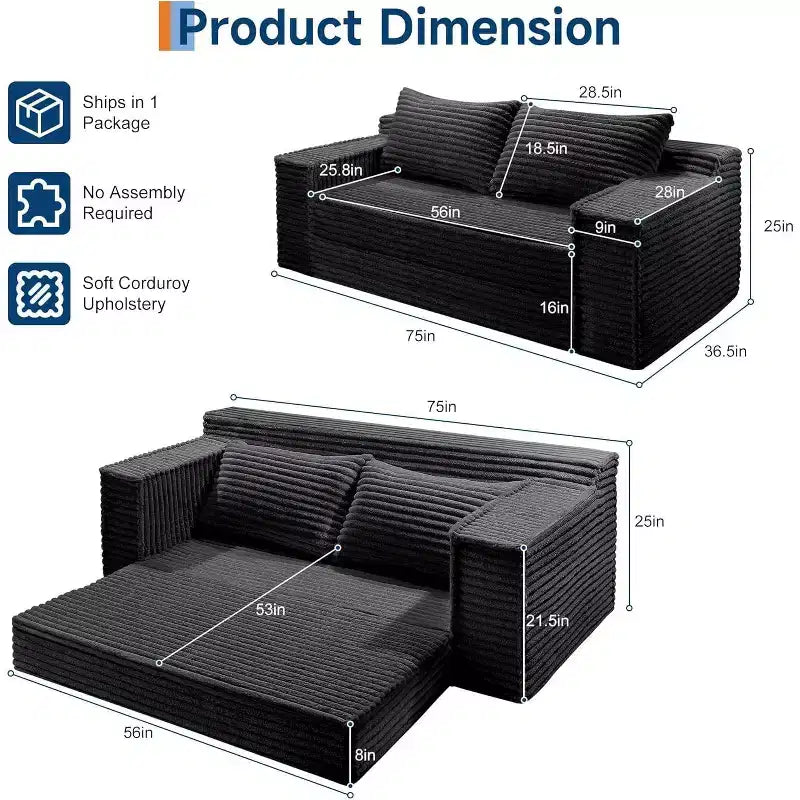 Canapé convertible SunnyFurn 75 avec 2 oreillers - Canapé-lit pliant 2-en-1, sans assemblage, pour salon et chambre à coucher