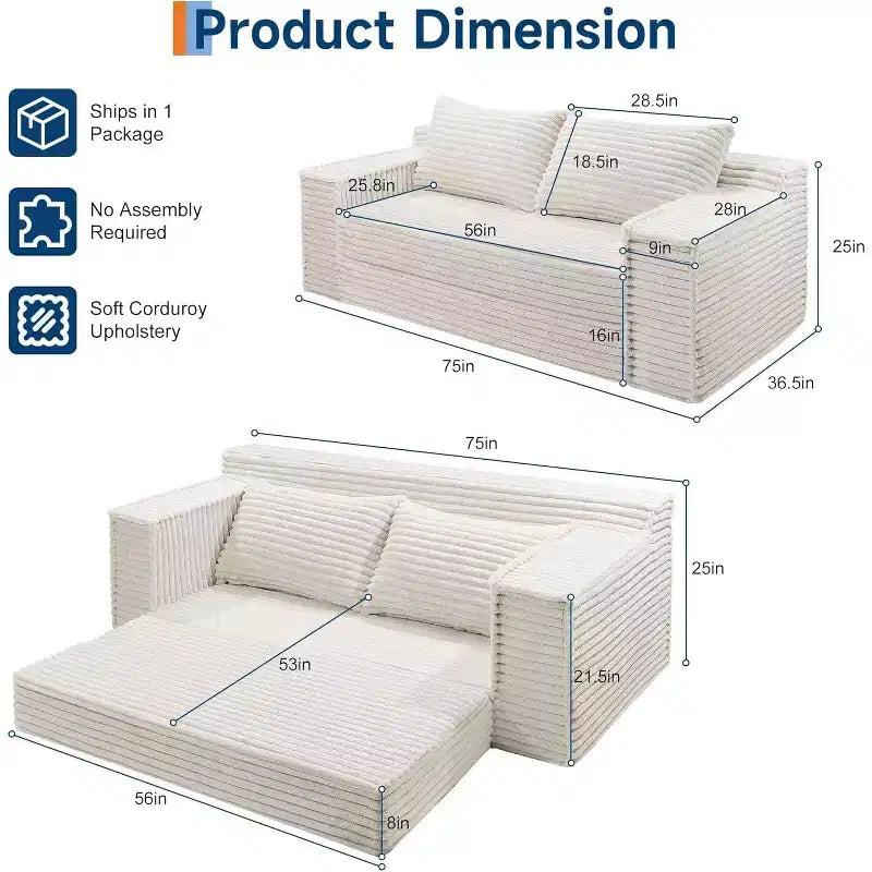 Canapé convertible SunnyFurn 75 avec 2 oreillers - Canapé-lit pliant 2-en-1, sans assemblage, pour salon et chambre à coucher