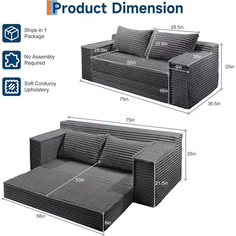 Canapé convertible SunnyFurn 75 avec 2 oreillers - Canapé-lit pliant 2-en-1, sans assemblage, pour salon et chambre à coucher