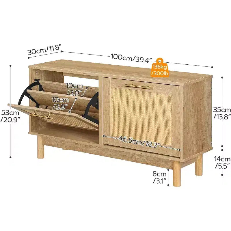 Banc de rangement pour chaussures en rotin ALUCSET, banc d'entrée de 100 cm avec 2 tiroirs basculants, armoire à chaussures dissimulée, étagères réglables, capacité de 136 kg