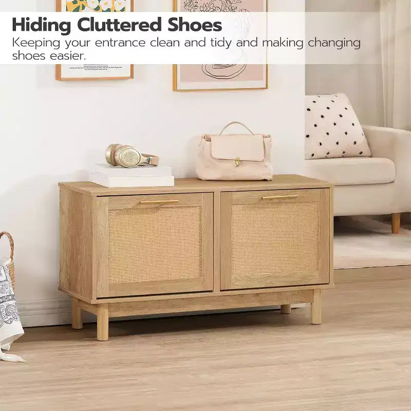 Banc de rangement pour chaussures en rotin ALUCSET, banc d'entrée de 100 cm avec 2 tiroirs basculants, armoire à chaussures dissimulée, étagères réglables, capacité de 136 kg