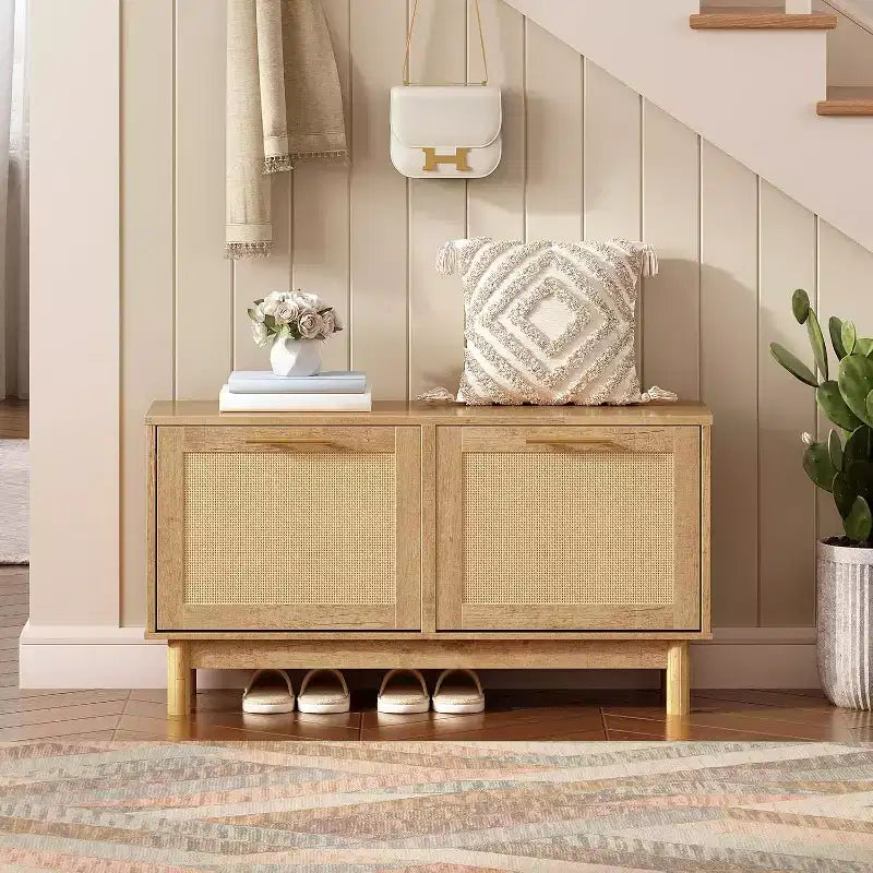 Banc de rangement pour chaussures en rotin ALUCSET, banc d'entrée de 100 cm avec 2 tiroirs basculants, armoire à chaussures dissimulée, étagères réglables, capacité de 136 kg