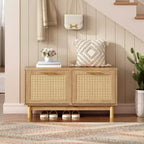 Banc de rangement pour chaussures en rotin ALUCSET, banc d'entrée de 100 cm avec 2 tiroirs basculants, armoire à chaussures dissimulée, étagères réglables, capacité de 136 kg