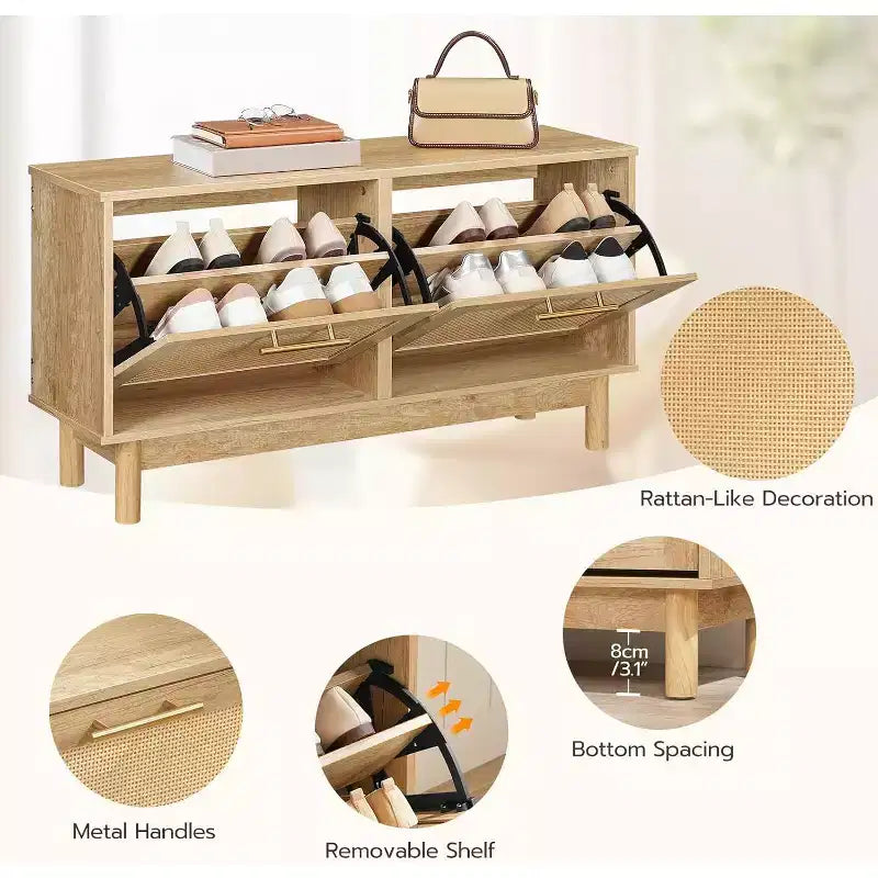 Banc de rangement pour chaussures en rotin ALUCSET, banc d'entrée de 100 cm avec 2 tiroirs basculants, armoire à chaussures dissimulée, étagères réglables, capacité de 136 kg