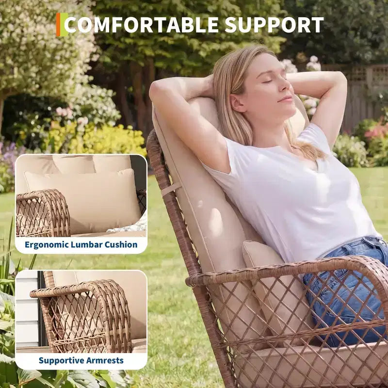 Fauteuil à bascule d'extérieur en osier à dossier haut avec coussins, chaise de jardin en rotin tout temps pour véranda, housses amovibles et lavables, capacité de 150 kg