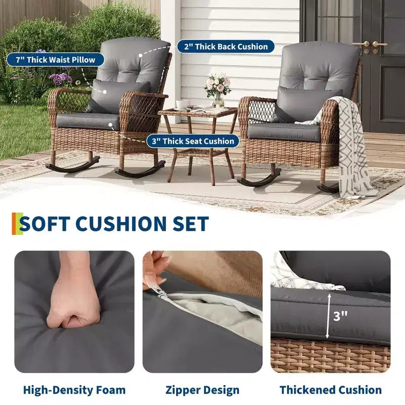 Fauteuil à bascule d'extérieur en osier à dossier haut avec coussins, chaise de jardin en rotin tout temps pour véranda, housses amovibles et lavables, capacité de 150 kg