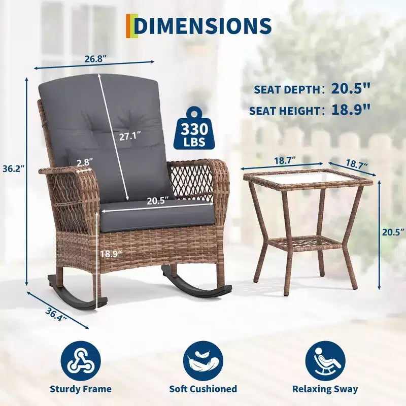 Fauteuil à bascule d'extérieur en osier à dossier haut avec coussins, chaise de jardin en rotin tout temps pour véranda, housses amovibles et lavables, capacité de 150 kg