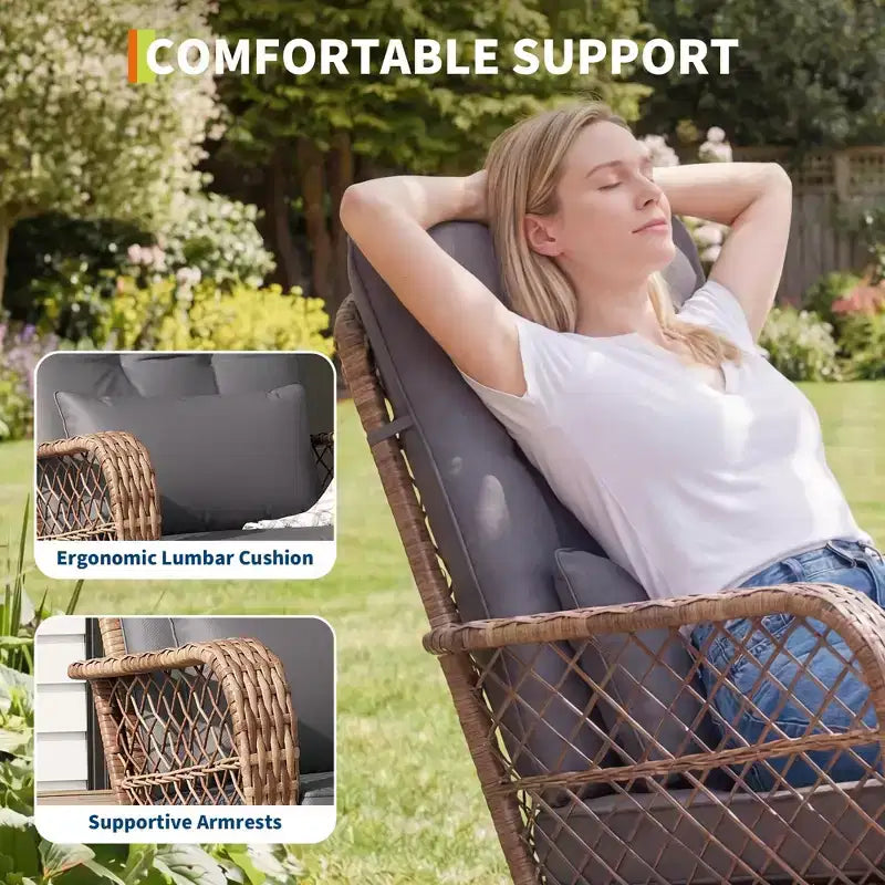 Fauteuil à bascule d'extérieur en osier à dossier haut avec coussins, chaise de jardin en rotin tout temps pour véranda, housses amovibles et lavables, capacité de 150 kg