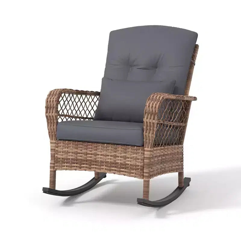 Fauteuil à bascule d'extérieur en osier à dossier haut avec coussins, chaise de jardin en rotin tout temps pour véranda, housses amovibles et lavables, capacité de 150 kg