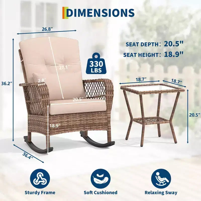 Fauteuil à bascule d'extérieur en osier à dossier haut avec coussins, chaise de jardin en rotin tout temps pour véranda, housses amovibles et lavables, capacité de 150 kg