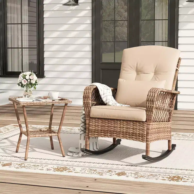 Fauteuil à bascule d'extérieur en osier à dossier haut avec coussins, chaise de jardin en rotin tout temps pour véranda, housses amovibles et lavables, capacité de 150 kg