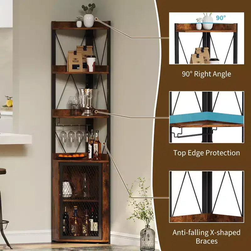 Meuble de bar d'angle haut de 69 po avec étagères à 5 niveaux pour salon, cuisine et salle à manger