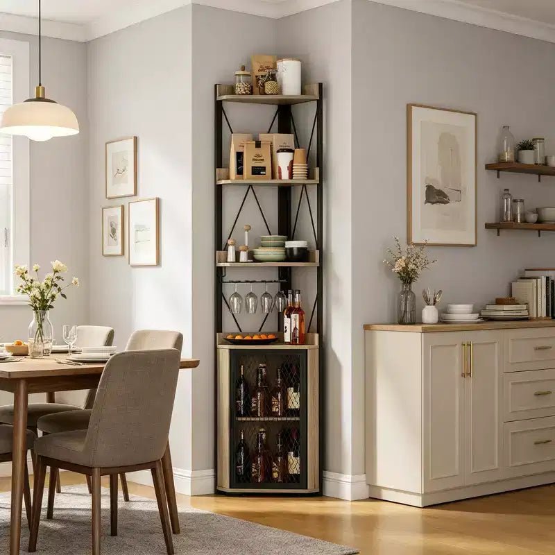Meuble de bar d'angle haut de 69 po avec étagères à 5 niveaux pour salon, cuisine et salle à manger