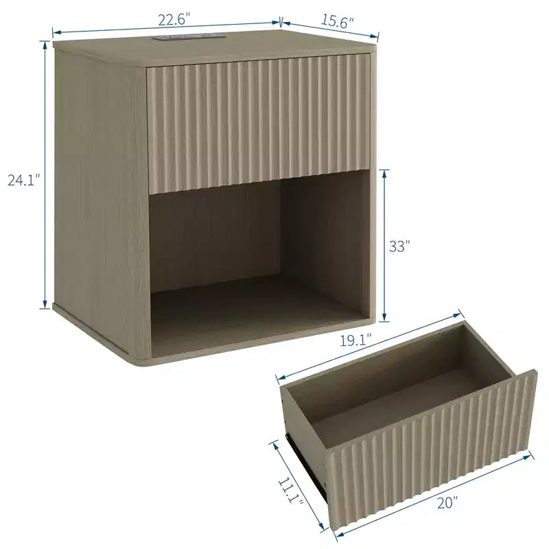 Lot de 2 tables de chevet cannelées avec station de charge et lumière LED, tables d'appoint modernes en bois avec tiroir de rangement, tables de chevet de style Mid-Century pour chambre à coucher