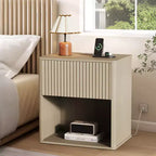 Lot de 2 tables de chevet cannelées avec station de charge et lumière LED, tables d'appoint modernes en bois avec tiroir de rangement, tables de chevet de style Mid-Century pour chambre à coucher