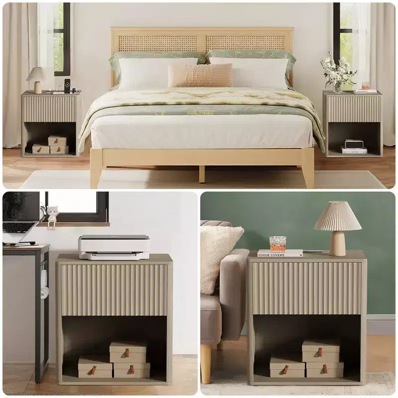 Lot de 2 tables de chevet cannelées avec station de charge et lumière LED, tables d'appoint modernes en bois avec tiroir de rangement, tables de chevet de style Mid-Century pour chambre à coucher