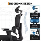 Chaise de bureau et de gaming ergonomique à dossier haut en maille, capacité de 180 kg, avec accoudoirs relevables, appui-tête, support lombaire et repose-pieds réglables, inclinable