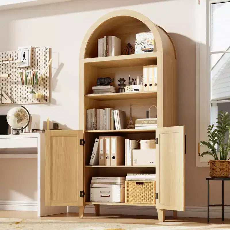 Bibliothèque arquée avec portes, étagère de présentation ouverte à 5 niveaux avec décor en rotin, meuble de rangement de style ferme moderne pour bureau à domicile