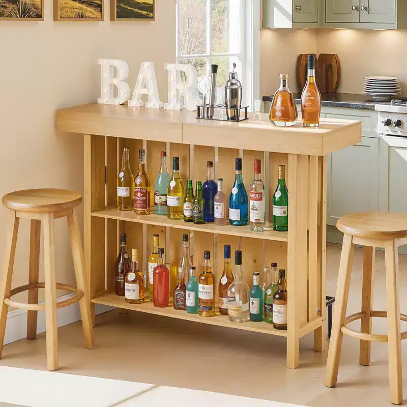 Meuble de bar VEVOR, Table de bar à vin 3 niveaux avec étagères de rangement, Boîte de rangement pour ouvre-bouteilles et Patins réglables, Repose-pieds noir, Marron clair